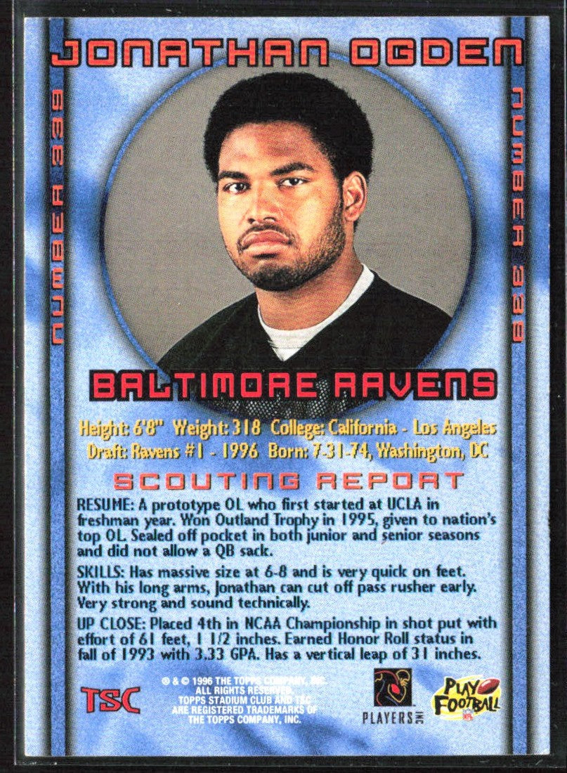 Jonathan Ogden 1996 Topps Stadium Club RC #339 Baltimore Ravens