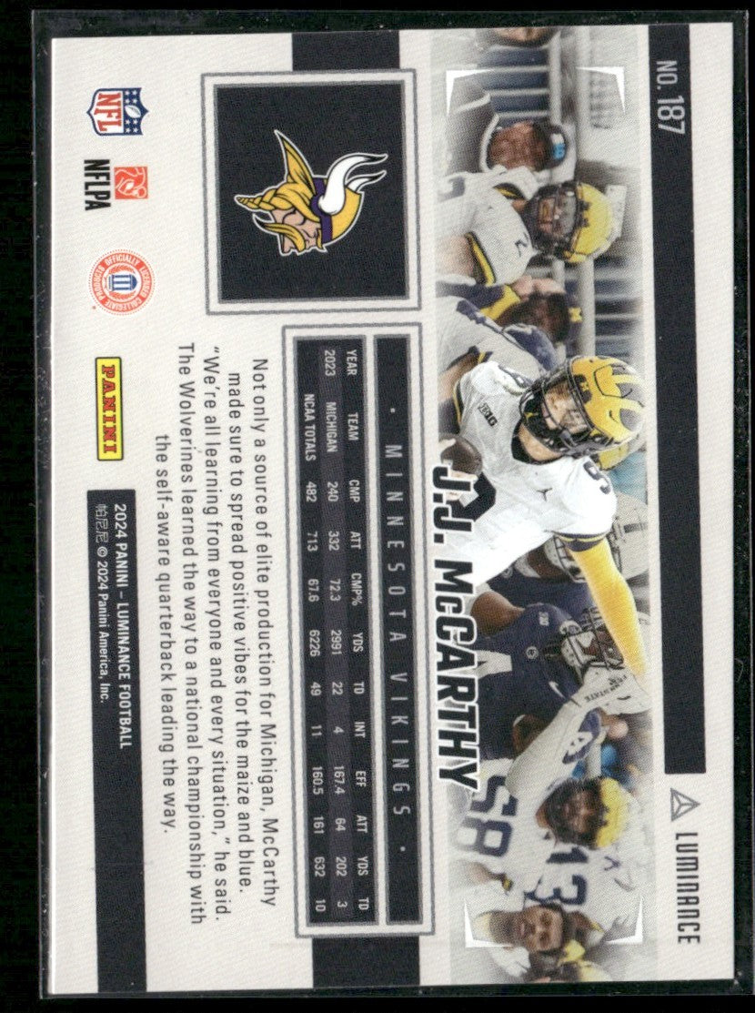 J.J. McCarthy 2024 Panini Luminance RC #187 Minnesota Vikings
