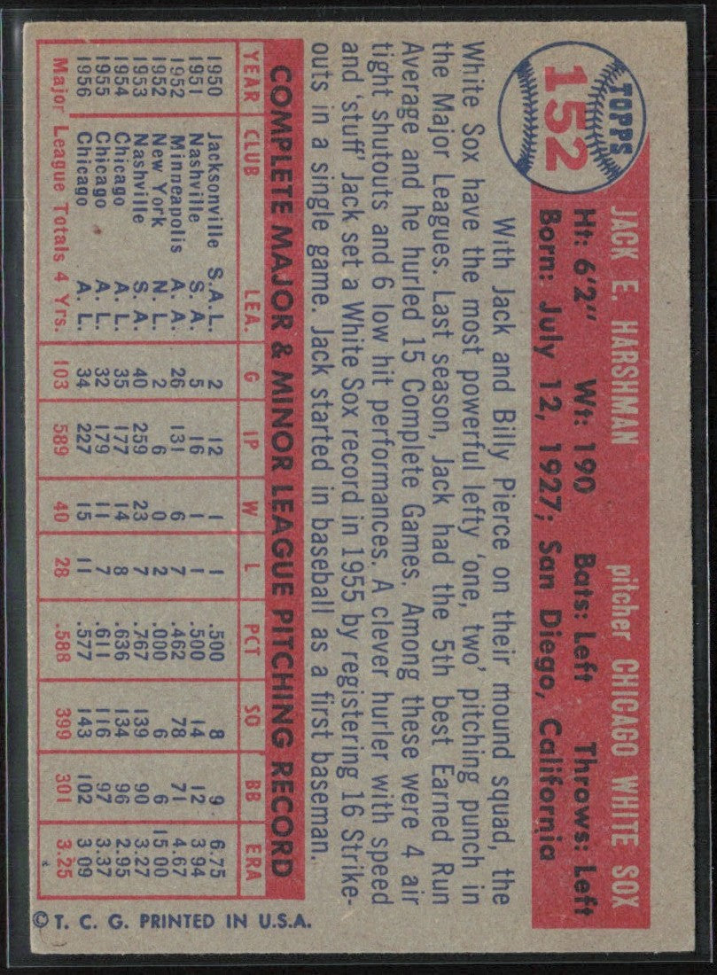 Jack Harshman 1957 Topps #152 Chicago White Sox