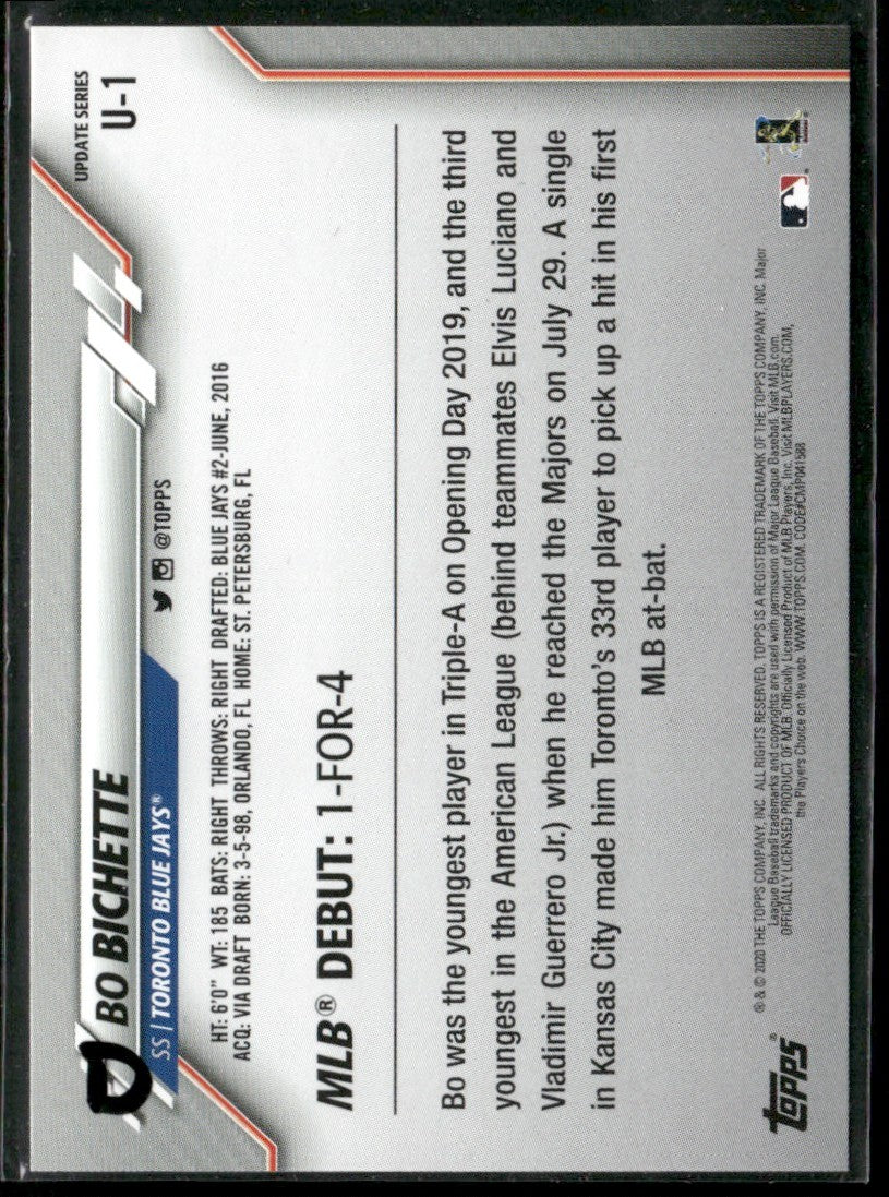 Bo Bichette 2020 Topps Update RC #U-1 Toronto Blue Jays