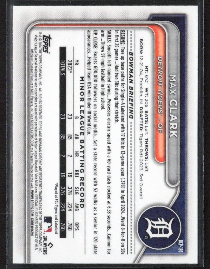 Max Clark 2024 Bowman Chrome Mojo Refractor #BCP-195 Detroit Tigers