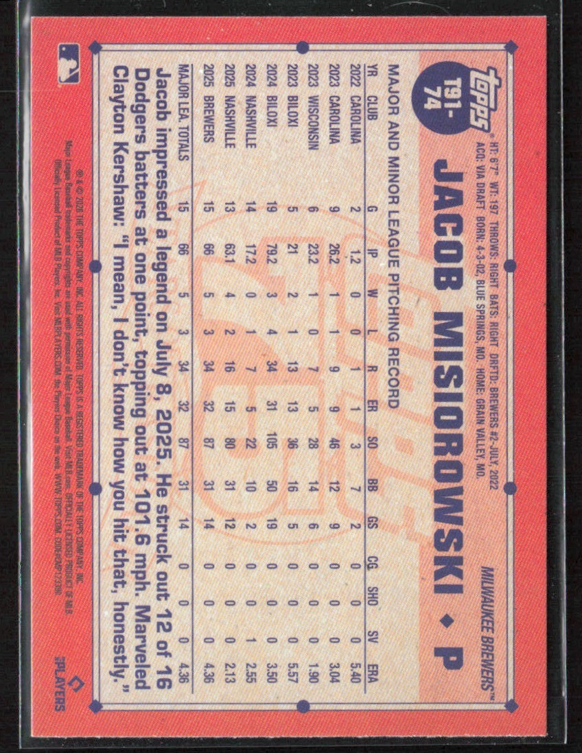 Jacob Misiorowski 2026 Topps 1991 RC #T91-74 Milwaukee Brewers