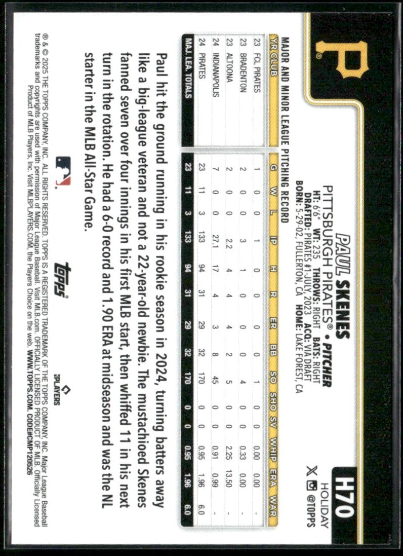 Paul Skenes 2025 Topps Holiday #H70 Pittsburgh Pirates