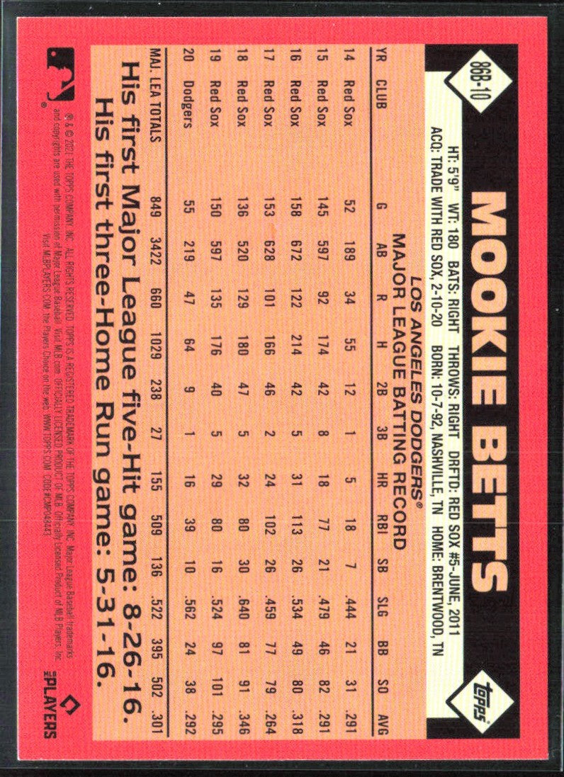 Mookie Betts 2021 Topps 1986 Design #86B-10 Los Angeles Dodgers