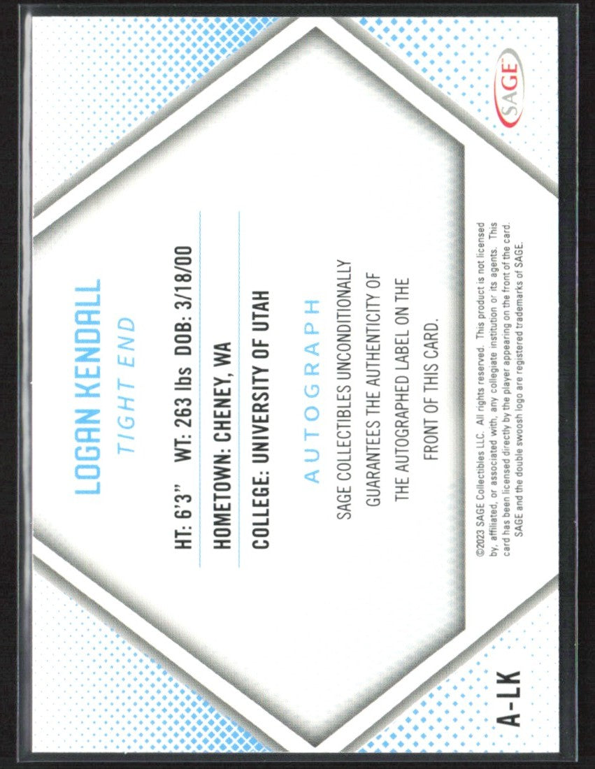 Logan Kendall 2023 SAGE High Series RC AUTO #A-LK Utah Utes