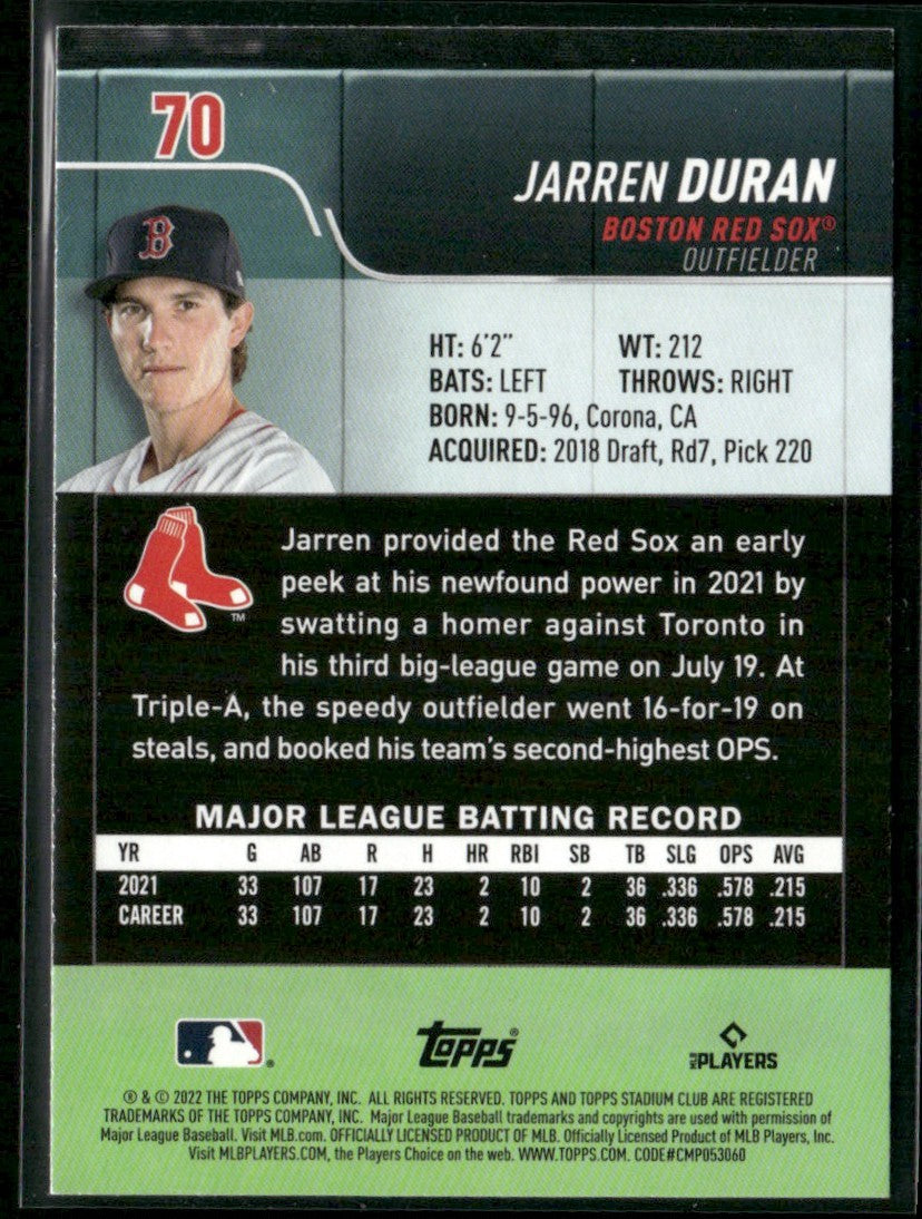 Jarren Duran 2022 Topps Stadium Club RC #70 Boston Red Sox