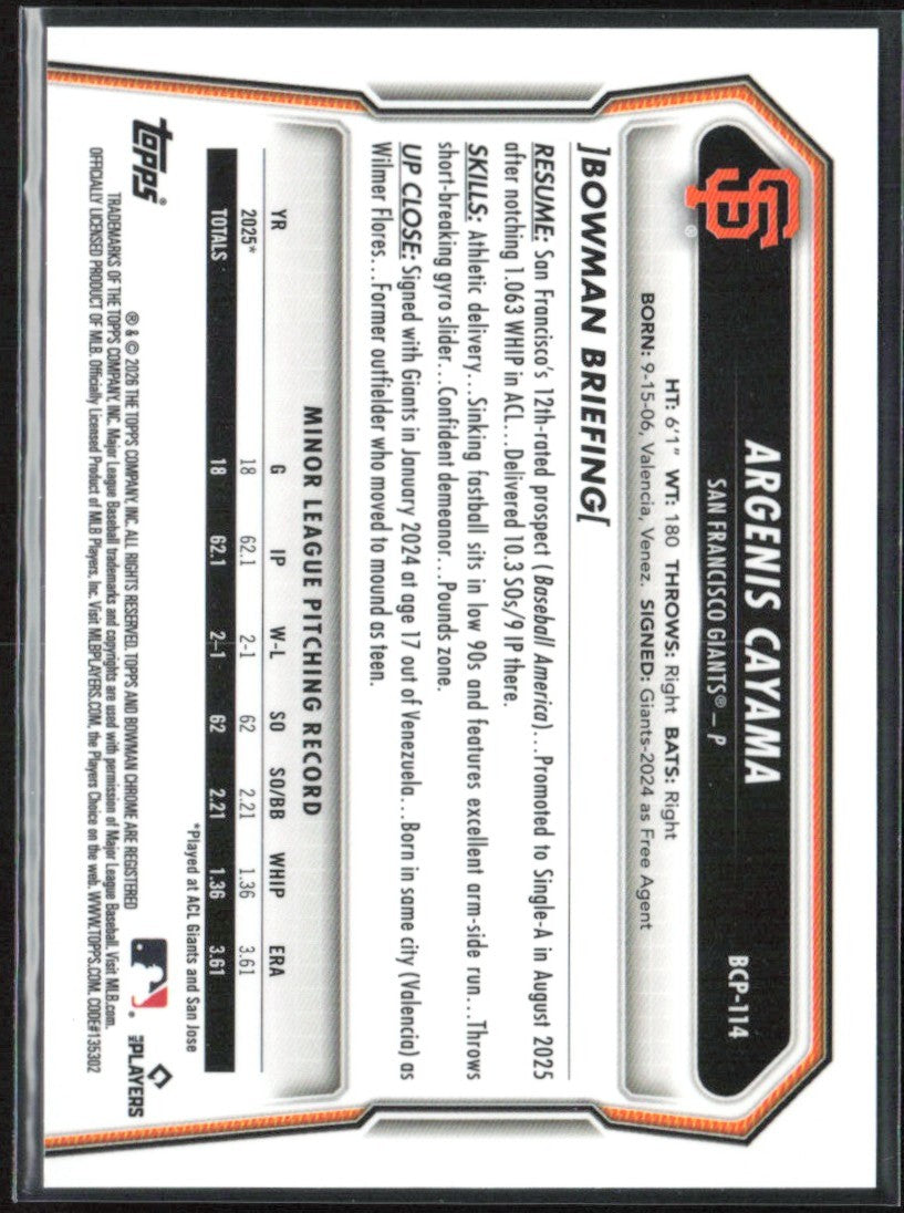 Argenis Cayama 2026 Bowman Chrome Reptilian #BCP-114 San Francisco Giants