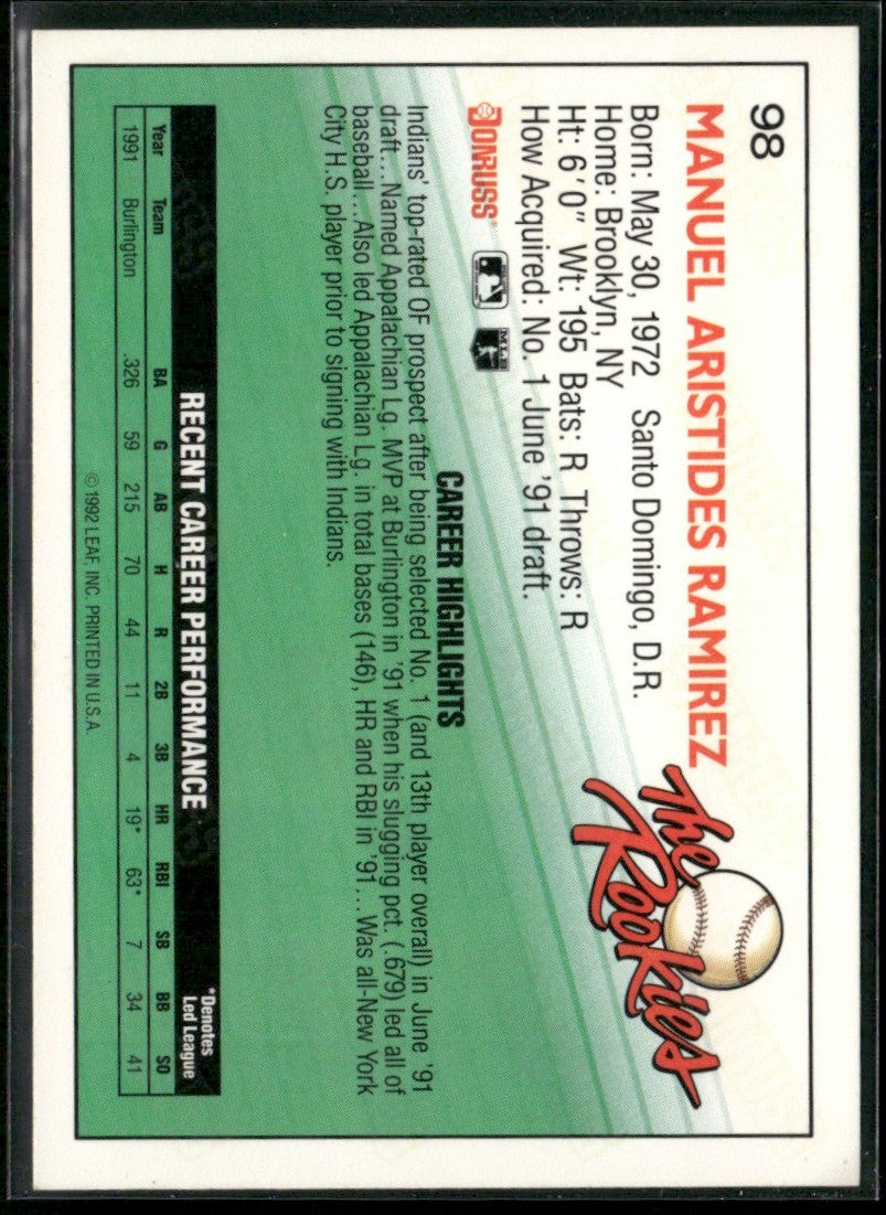 Manny Ramirez 1992 Donruss RC #98 Cleveland Indians