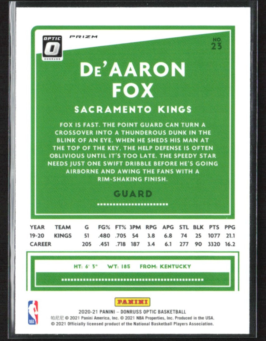 De'Aaron Fox 2020 Donruss Optic Purple #23 Sacramento Kings