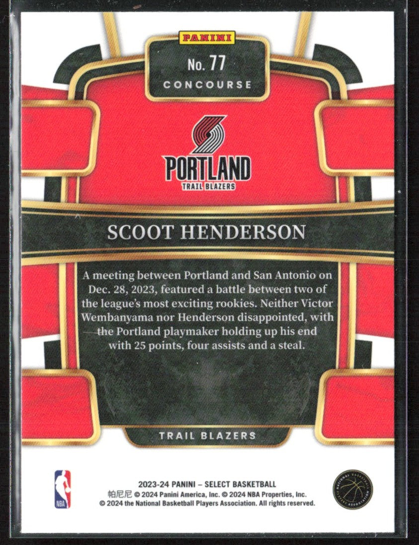 Scoot Henderson 2024 Panini Select Concourse RC #77 Portland Trail Blazers