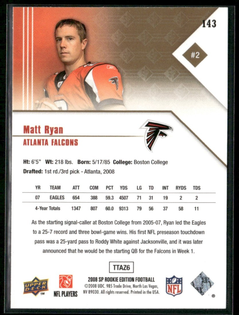 Matt Ryan 2008 SP RC #143 Atlanta Falcons