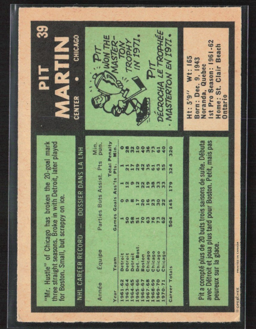 Pit Martin 1971 O-Pee-Chee #39 Chicago Blackhawks