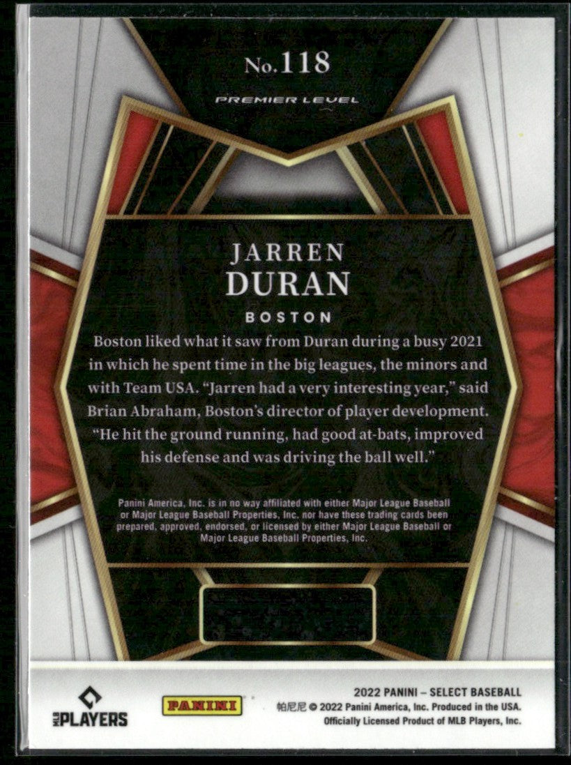 Jarren Duran 2022 Panini Select Premier Retail Blue RC #118 Boston Red Sox