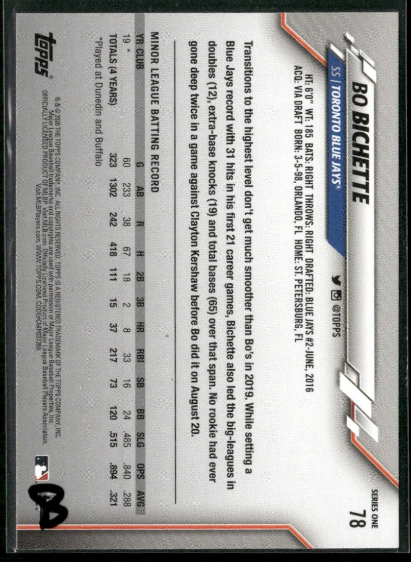 Bo Bichette 2020 Topps RC #78 Toronto Blue Jays