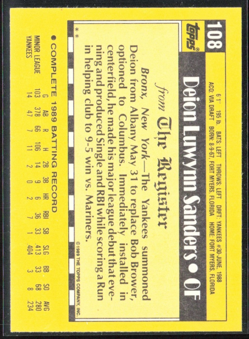 Deion Sanders 1989 Topps 1989 Design RC #108 New York Yankees