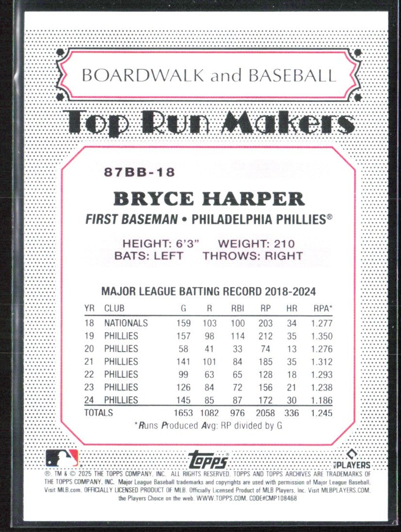 Bryce Harper 2025 Topps Archives 1987 Boardwalk & Baseball #87BB-18