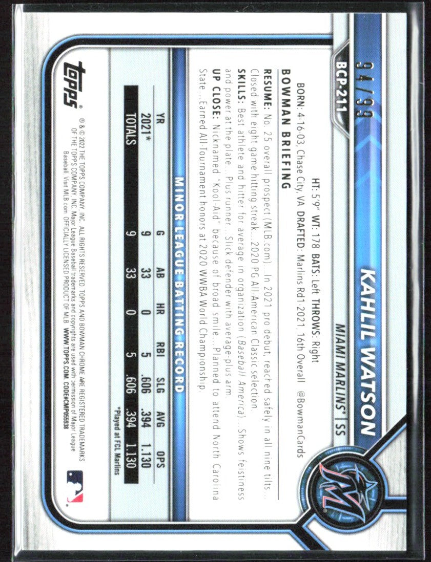 Kahlil Watson 2022 Bowman Chrome Green Mojo Refractor /99 #BCP-211 Miami Marlins