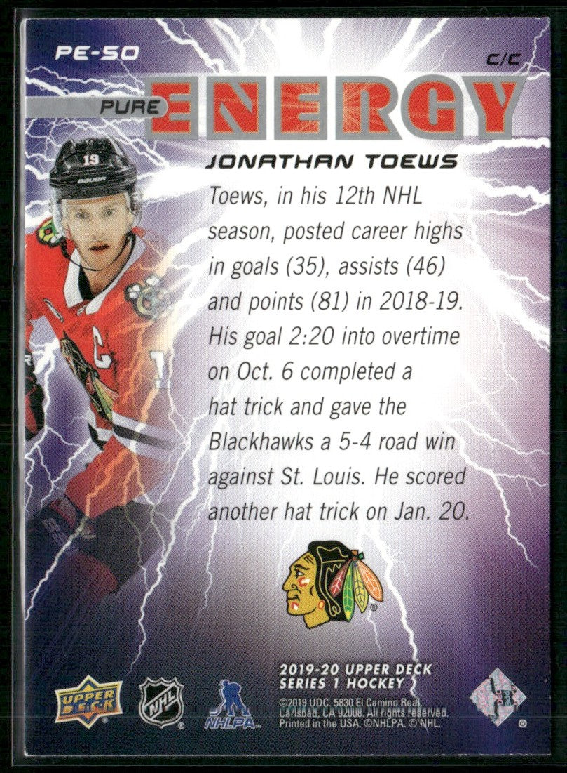 Jonathan Toews 2019 Upper Deck Pure Energy #PE-50 Chicago Blackhawks