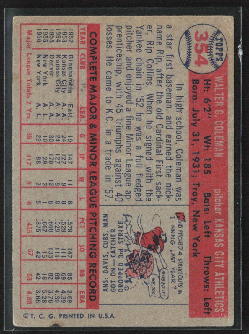 Rip Coleman 1957 Topps RC #354 Kansas City Athletics