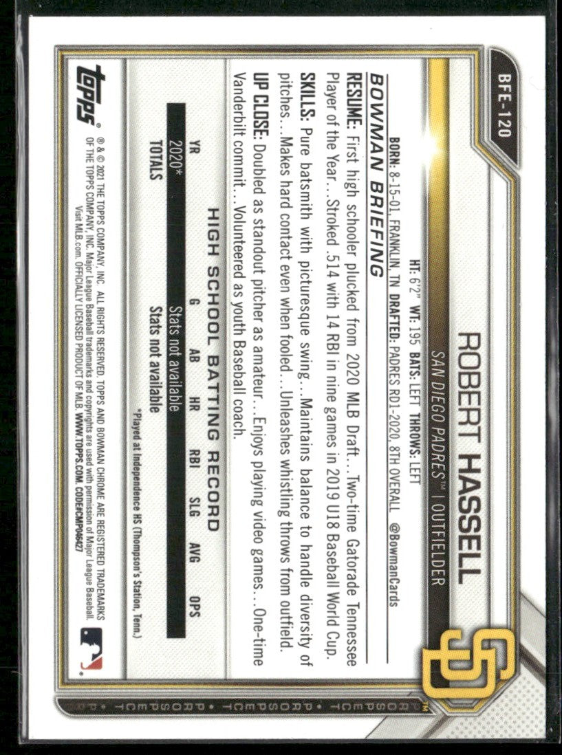 Robert Hassell 2021 Bowman 1st Edition Sky Blue #BFE-120 San Diego Padres