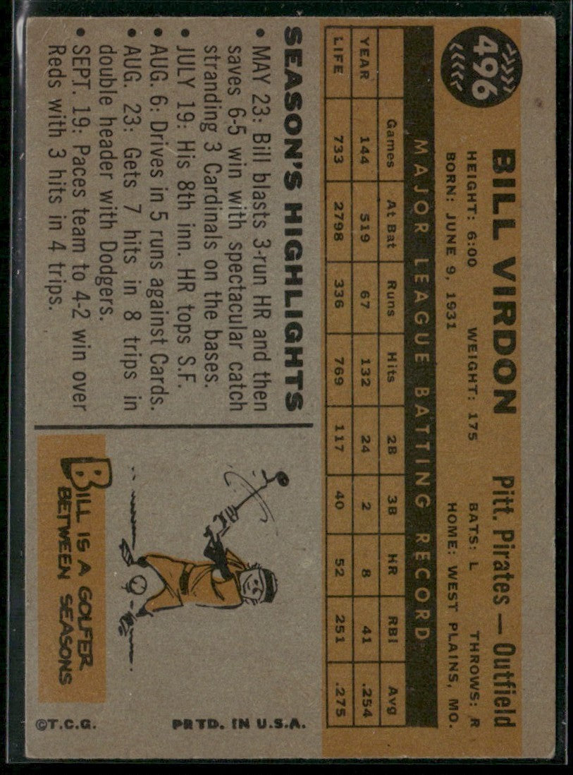 Bill Virdon 1960 Topps #496 Pittsburgh Pirates