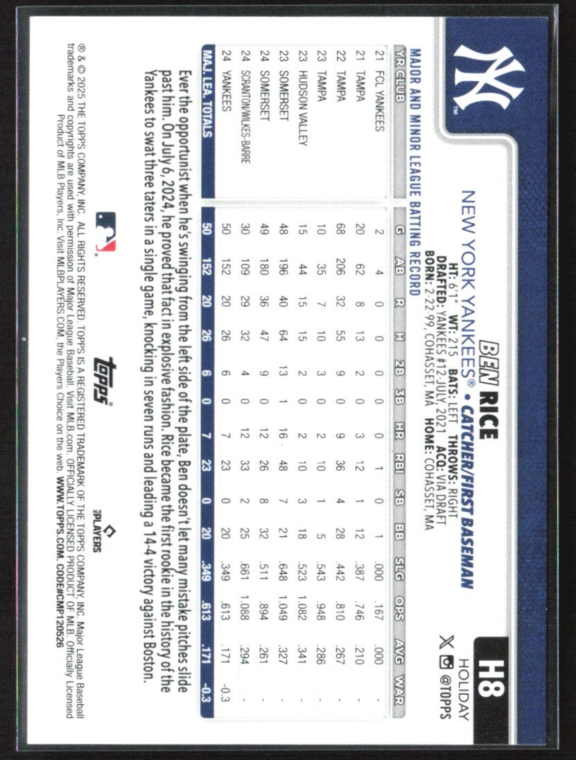Ben Rice 2025 Topps Holiday Light Blue & Whitte Glitter RC #H8 York Yankees