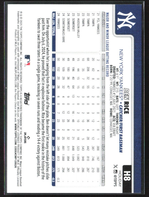 Ben Rice 2025 Topps Holiday Light Blue & Whitte Glitter RC #H8 York Yankees