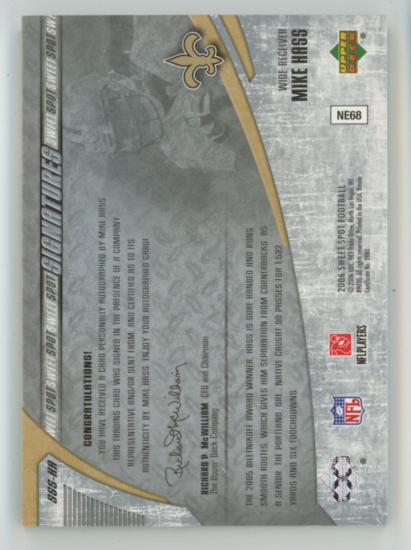 Mike Hass 2006 Upper Deck Sweet Spot Signatures AUTO #SSS-HA New Orleans Saints