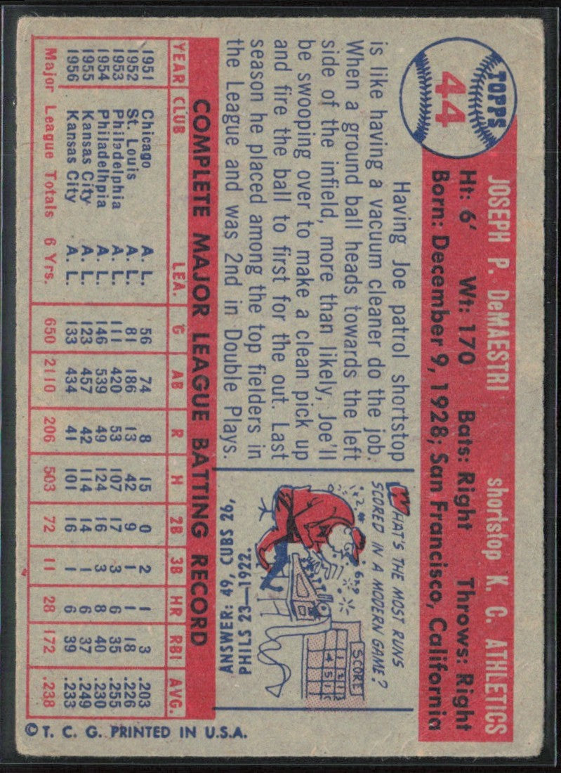 Joe DeMaestri 1957 Topps #44 Kansas City Athletics