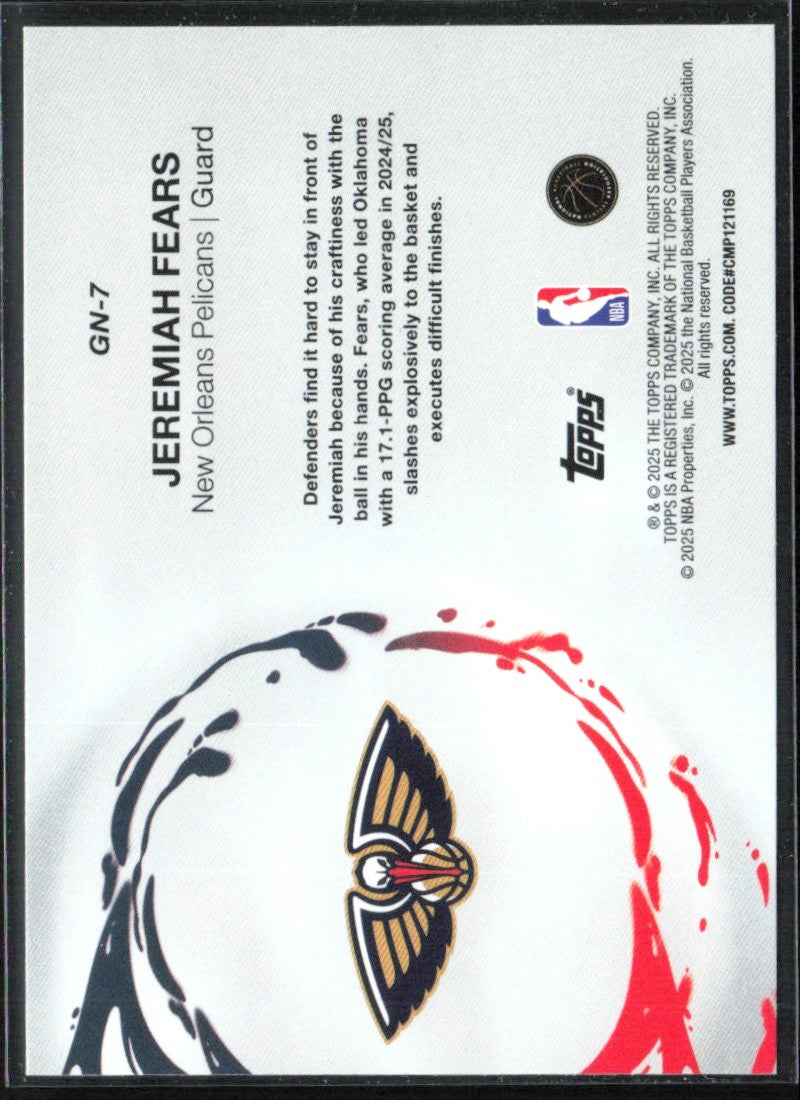 Jeremiah Fears 2025 Topps Generation Now RC #GN-7 New Orleans Pelicans