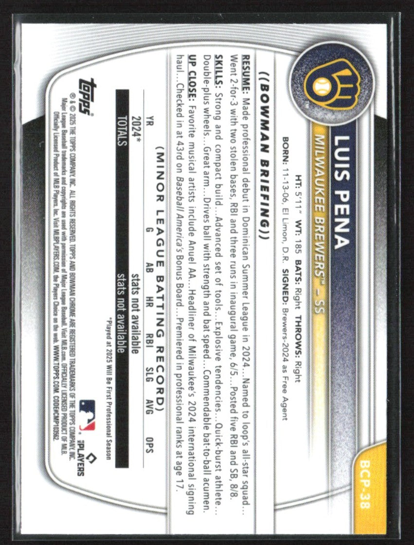 Luis Pena 2025 Bowman Chrome 1st Mojo Refractor #BCP-38 Milwaukee Brewers