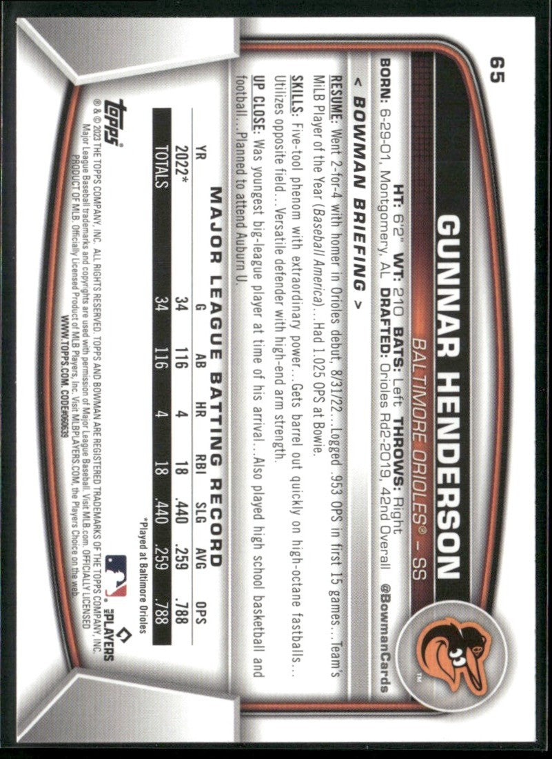 Gunnar Henderson 2023 Bowman RC #65 Baltimore Orioles