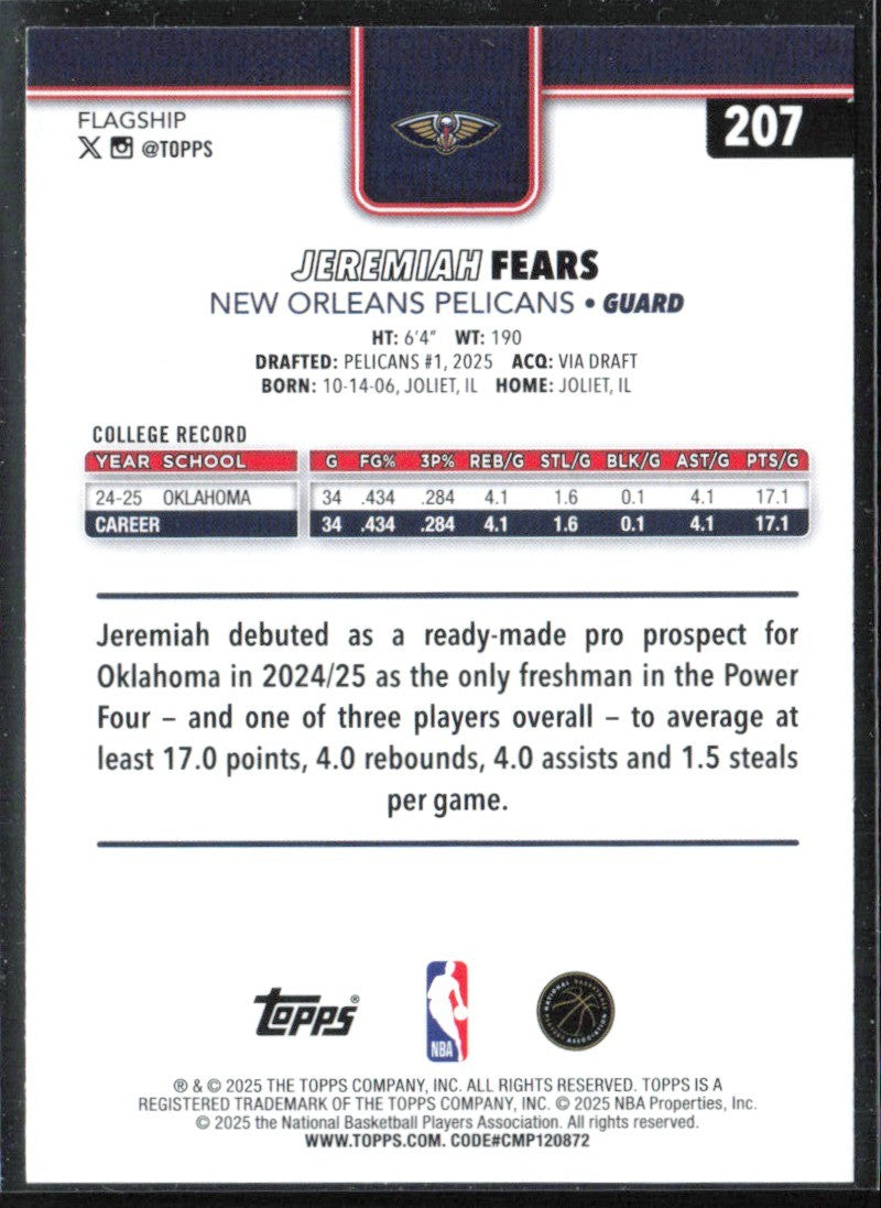 Jeremiah Fears 2025 Topps RC #207 New Orleans Pelicans