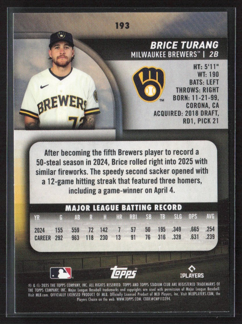 Brice Turang 2025 Topps Stadium Club Sepia #193 Milwaukee Brewers