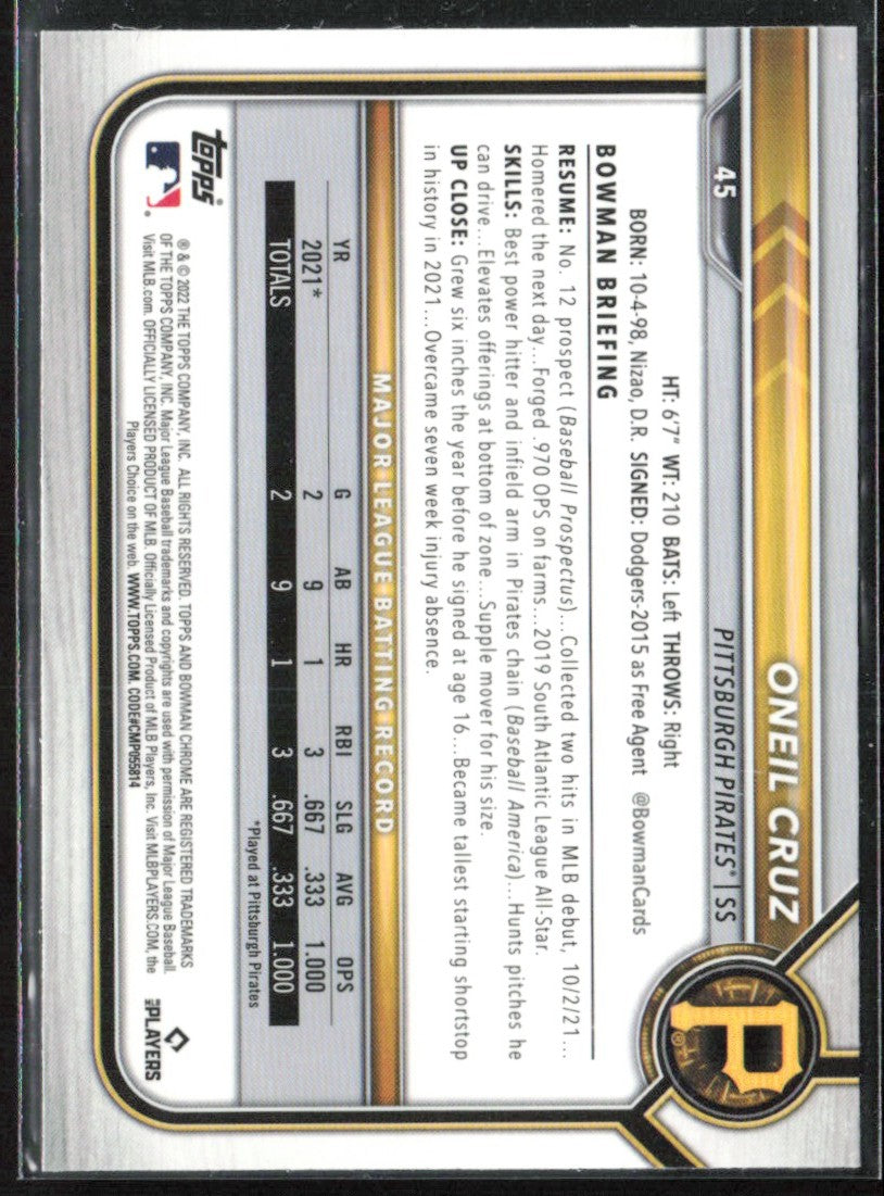 Oneil Cruz 2022 Bowman Chrome RC #45 Pittsburgh Pirates