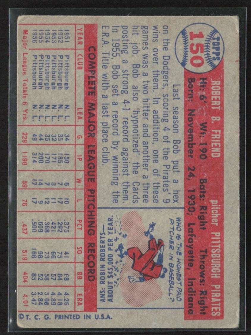 Bob Friend 1957 Topps #150 Pittsburgh Pirates