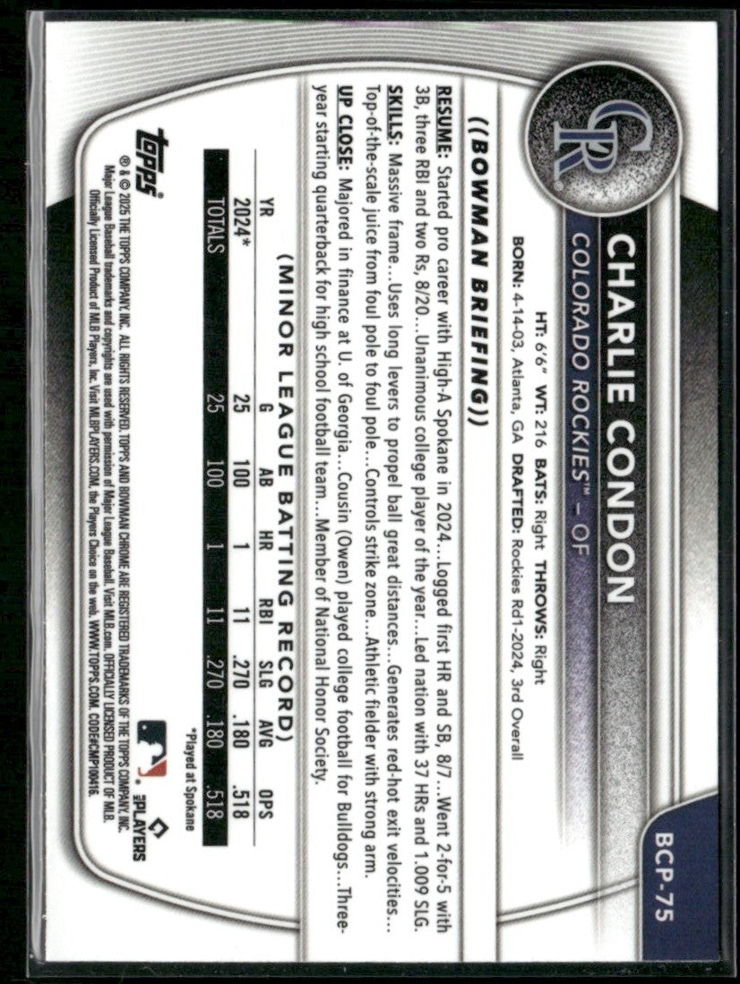 Charlie Condon 2025 Bowman Chrome 1st #BCP-75 Colorado Rockies