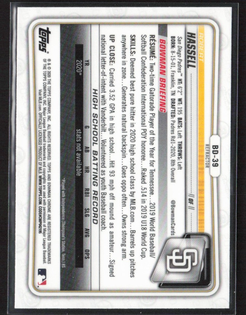 Robert Hassell 2020 Bowman Draft Chrome 1st Refractor #BD-39 San Diego Padres