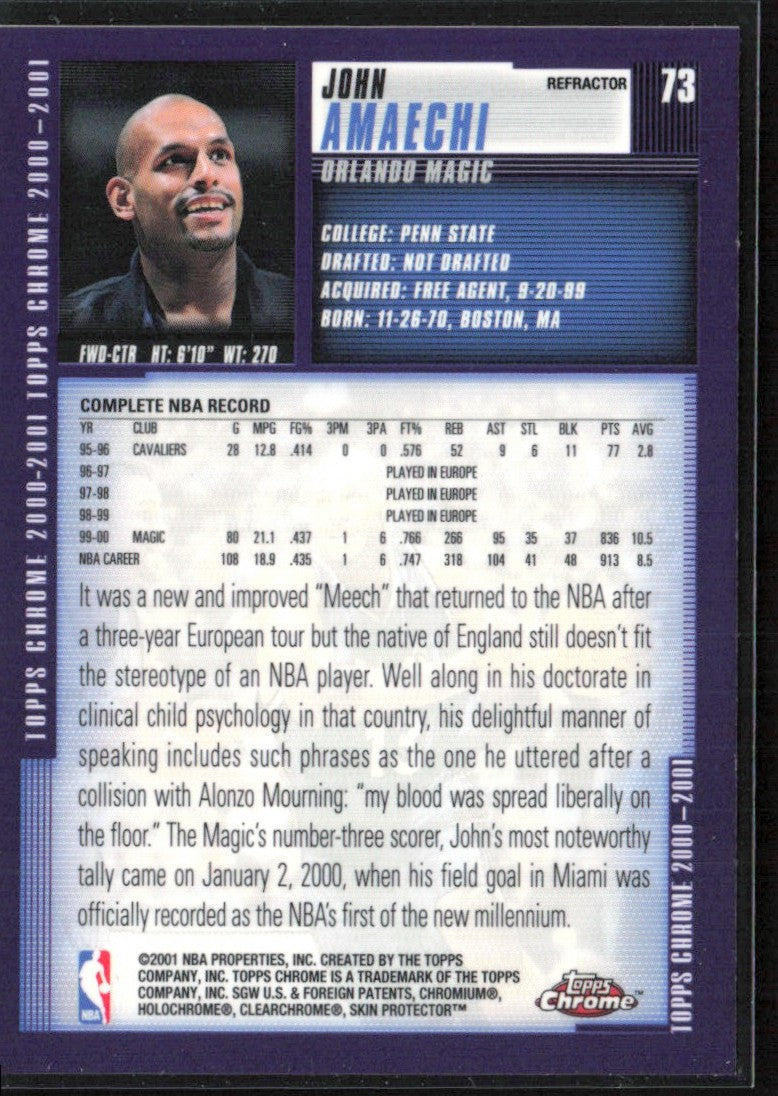 John Amaechi 2000 Topps Chrome Refractor #73 Orlando Magic