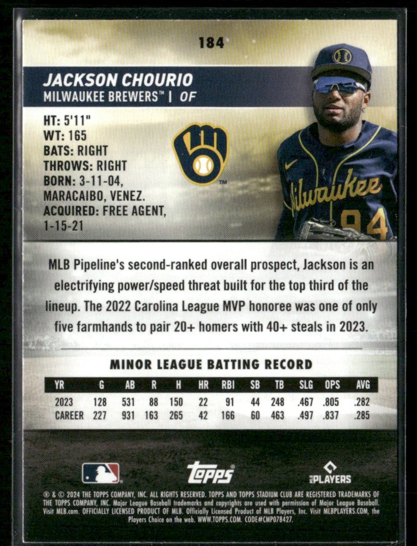 Jackson Chourio 2024 Topps Stadium Club RC #184 Milwaukee Brewers