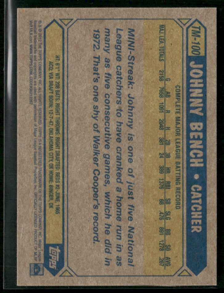 Johnny Bench 2012 Topps Mini #TM-100 Cincinnati Reds