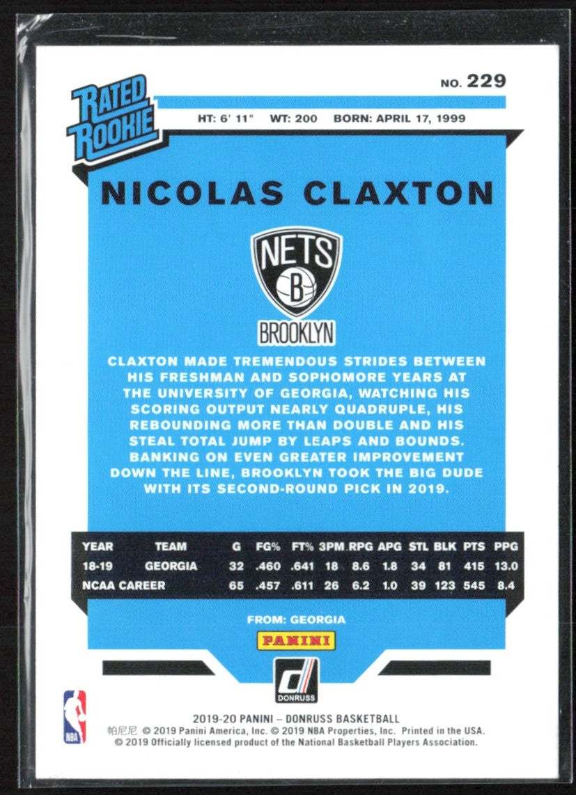 Nicolas Claxton 2019 Donruss Press Proof Silver RC /349 #229 Brooklyn Nets
