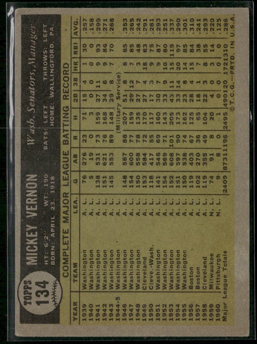 Mickey Vernon 1961 Topps #134 Washington Senators