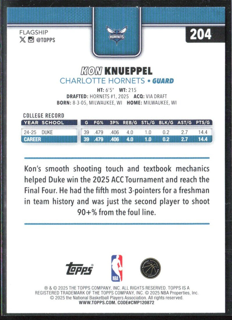 Kon Knueppel 2025 Topps RC #204 Charlotte Hornets