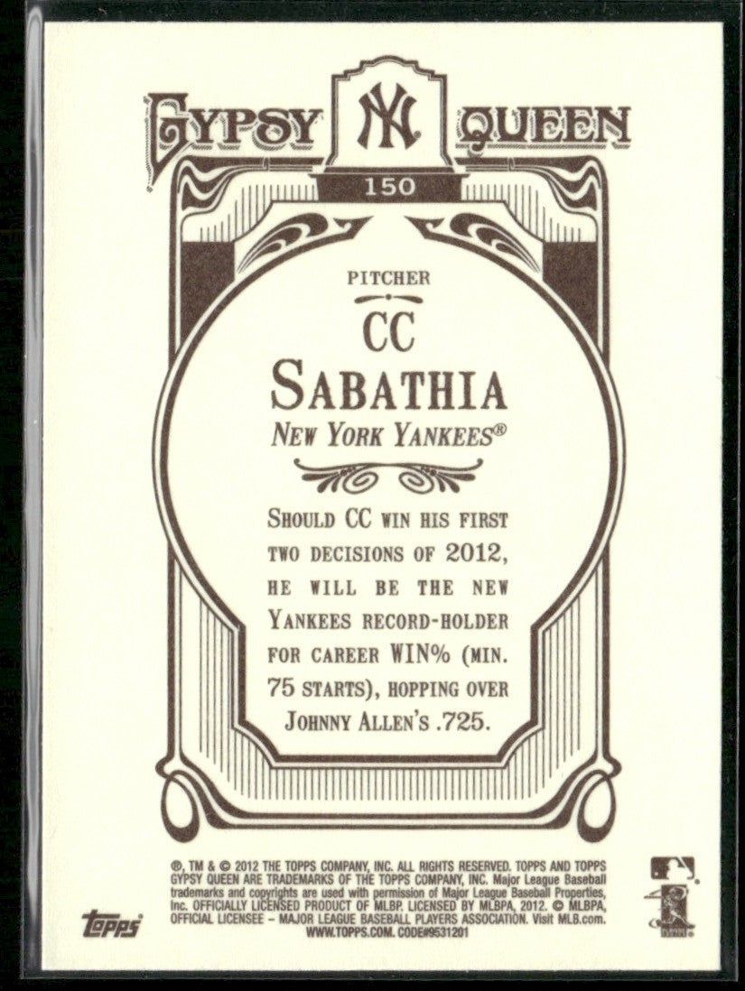 CC Sabathia 2012 Topps Gypsy Queen #150 New York Yankees