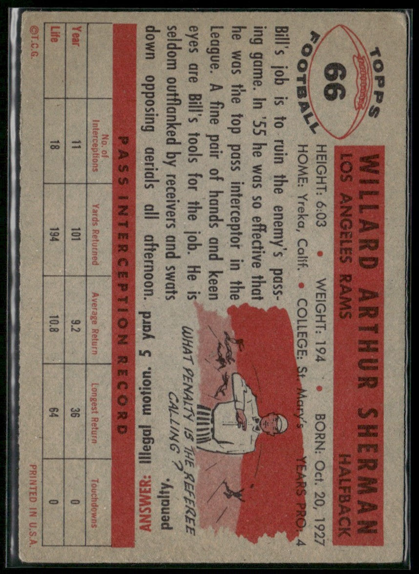 Willard Sherman 1956 Topps #66 Los Angeles Rams
