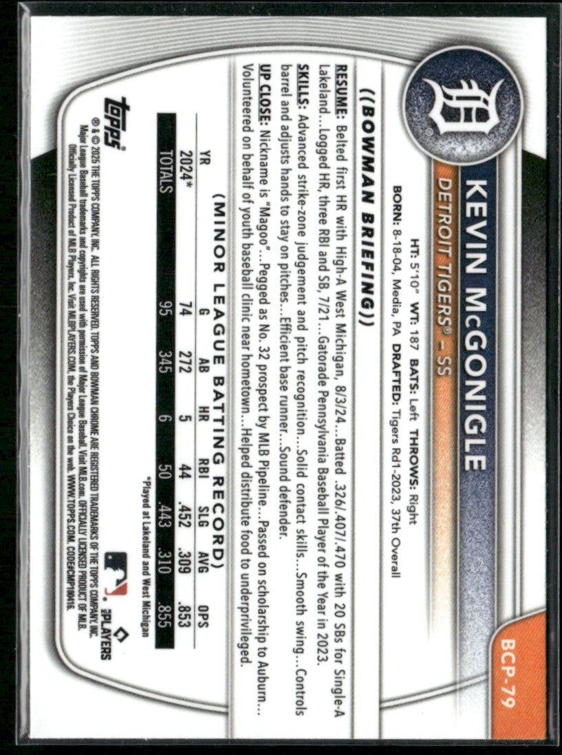 Kevin McGonigle 2025 Bowman Chrome 1st #BCP-79 Detroit Tigers