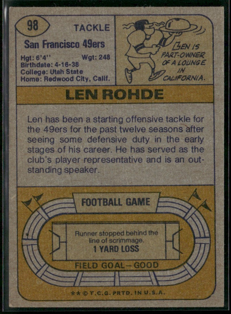 Len Rohde 1974 Topps #98 San Francisco 49ers