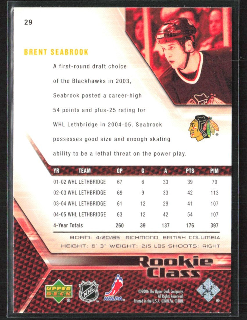 Brent Seabrook 2005 Upper Deck RC #29 Chicago Blackhawks