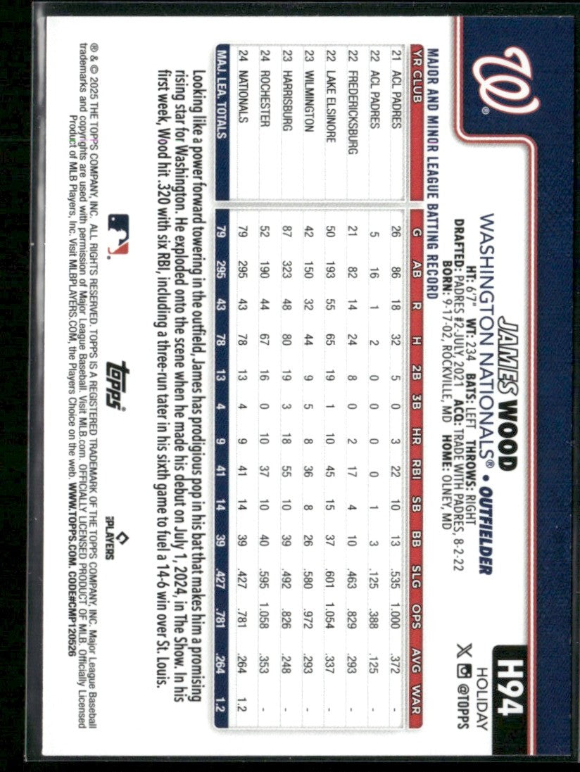 James Wood 2025 Topps Holiday RC #H94 Washington Nationals